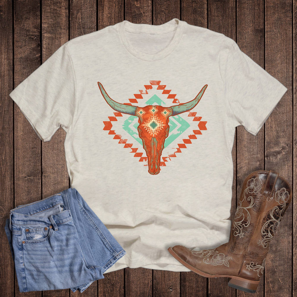 Western Turquoise Aztec Cow Skull Graphic - Adult & Kids T-Shirts, Sweatshirts & Hoodies apparel design preview 1
