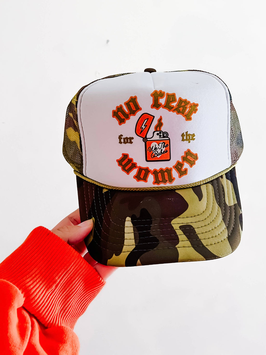 No Rest For the Women Flame Trucker Hat White/Camo - Adult & Kids T-Shirts, Sweatshirts & Hoodies apparel design preview 1
