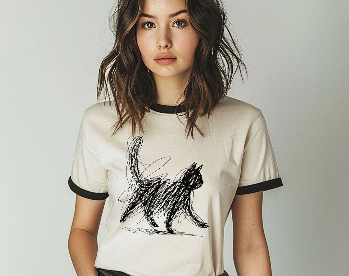 Cat Abstract Drawing Cute Kitten Art Ringer - Adult & Kids T-Shirts, Sweatshirts & Hoodies apparel design preview 1