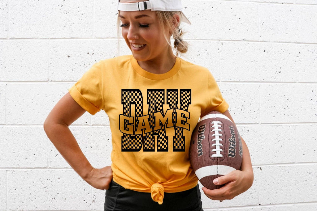 Gameday Retro Checker Font Gold Football Graphic - Adult & Kids T-Shirts, Sweatshirts & Hoodies apparel design preview 1
