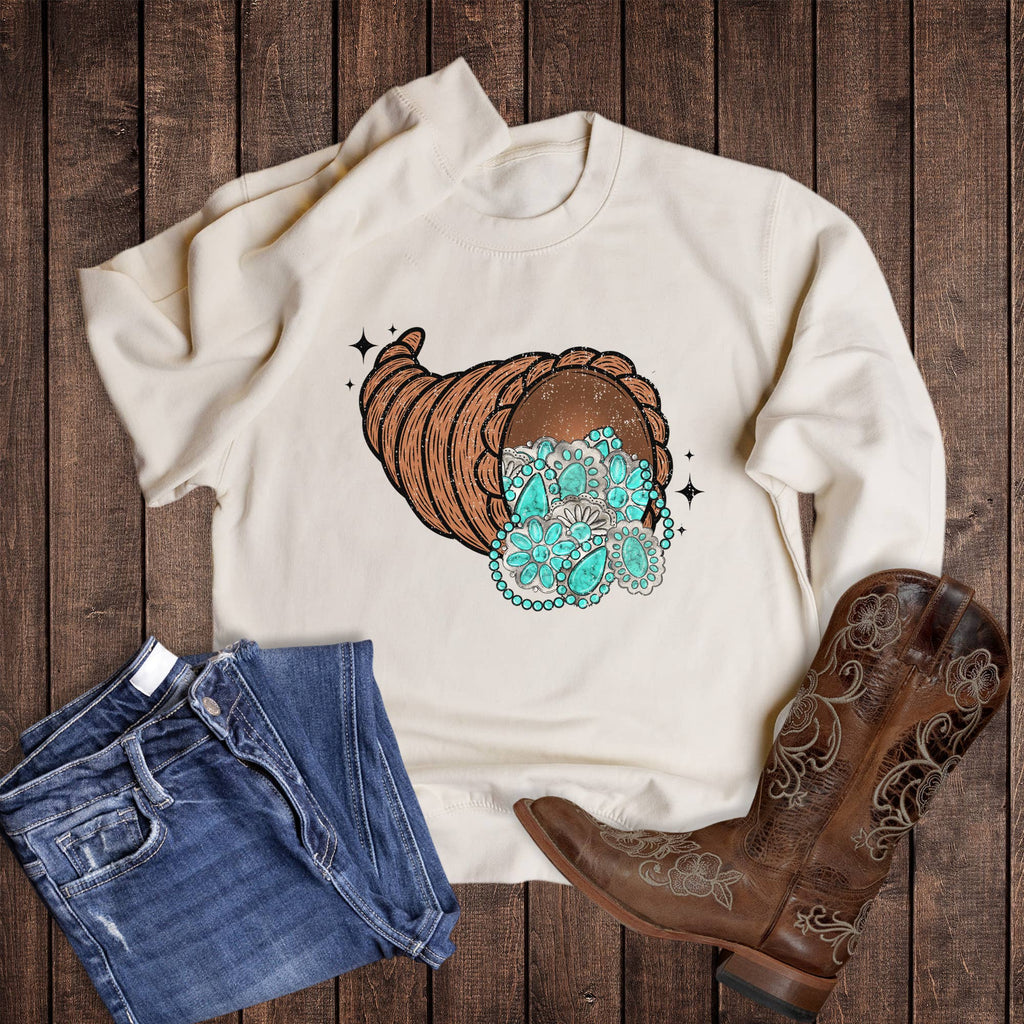 Fall Thanksgiving Turquoise Cornucopia - Adult & Kids T-Shirts, Sweatshirts & Hoodies apparel design preview 1