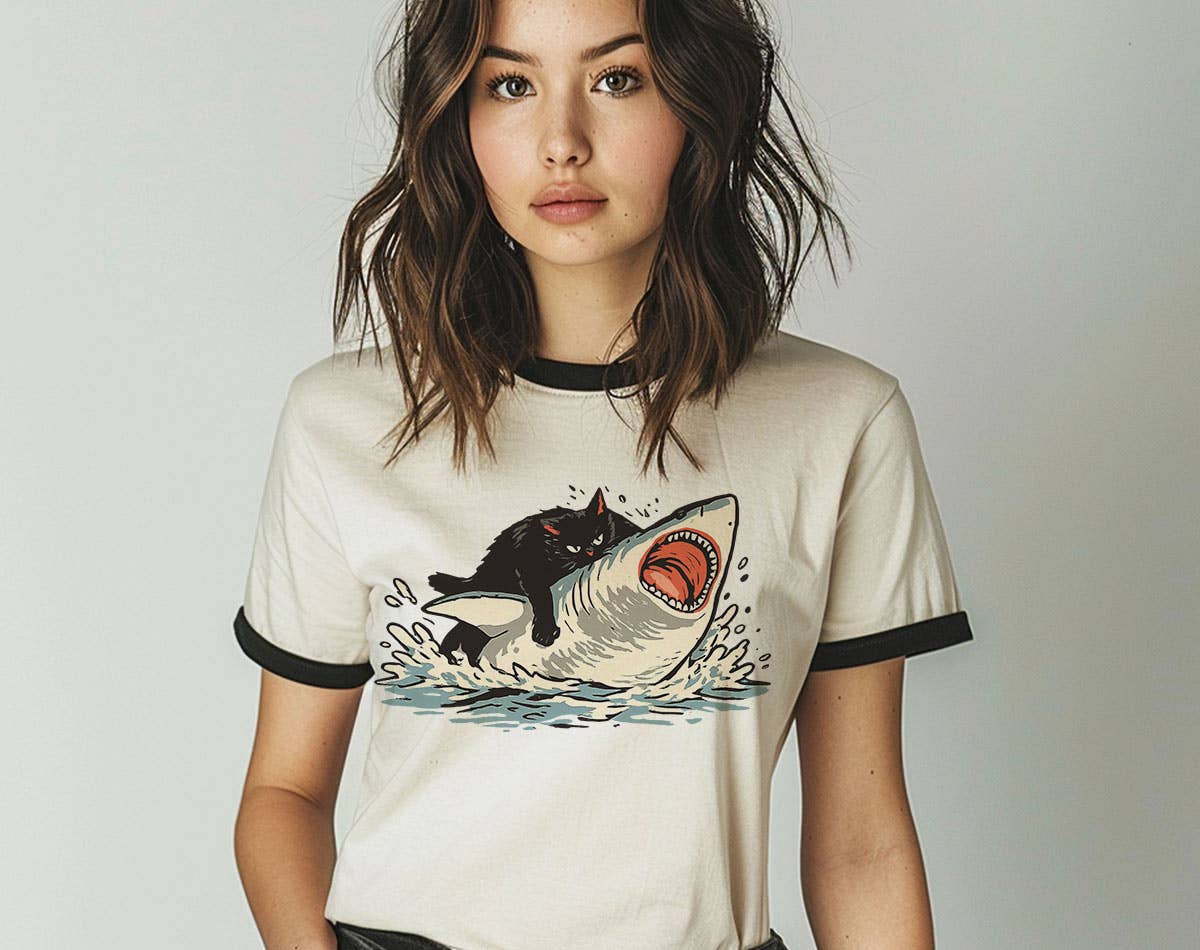 Cat Riding Shark Funny Ringer - Adult & Kids T-Shirts, Sweatshirts & Hoodies apparel design preview 1