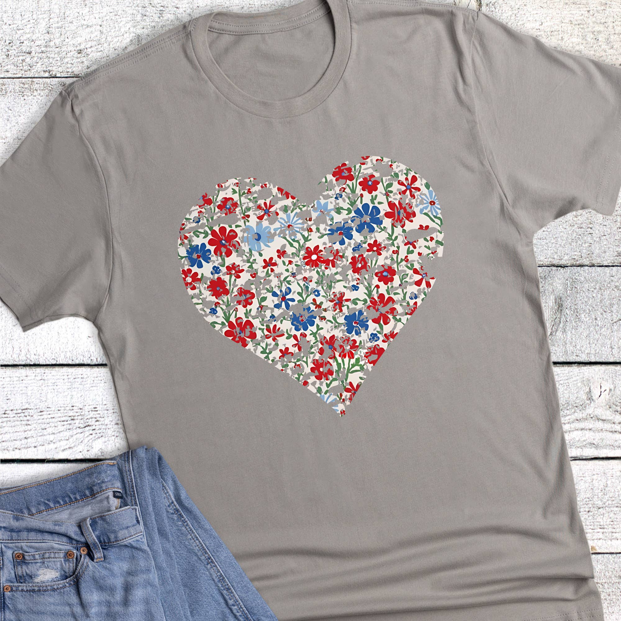 Patriotic Floral Heart Graphic - Adult & Kids T-Shirts, Sweatshirts & Hoodies apparel design preview 1