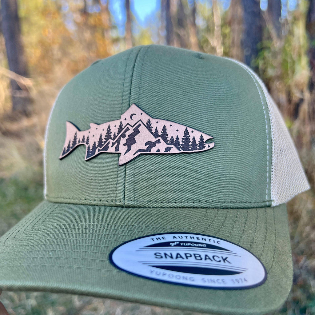 Mountain Scene Trout Leather Patch Hat 208Tees - Adult & Kids T-Shirts, Sweatshirts & Hoodies apparel design preview 1