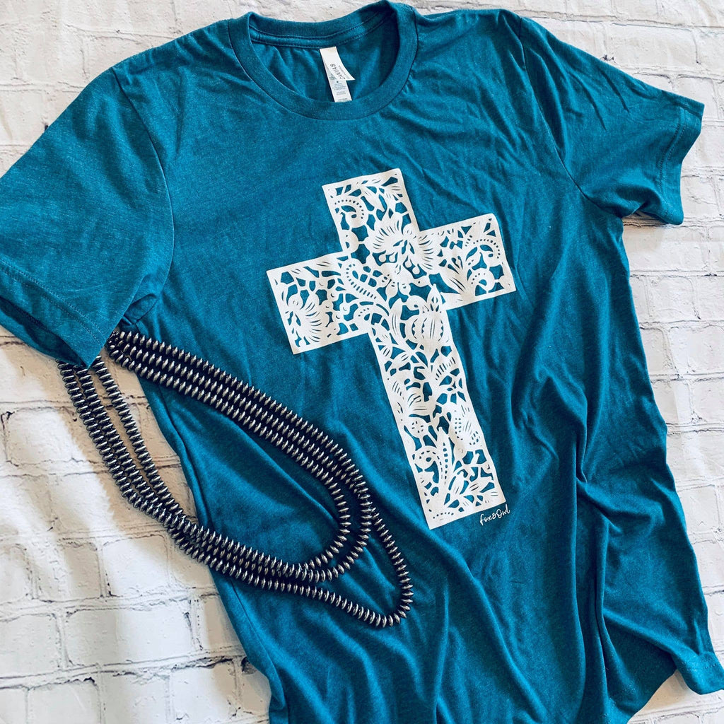 Teal Lace Cross Bella Vintage Faith-Based Graphic - Adult & Kids T-Shirts, Sweatshirts & Hoodies apparel design preview 1