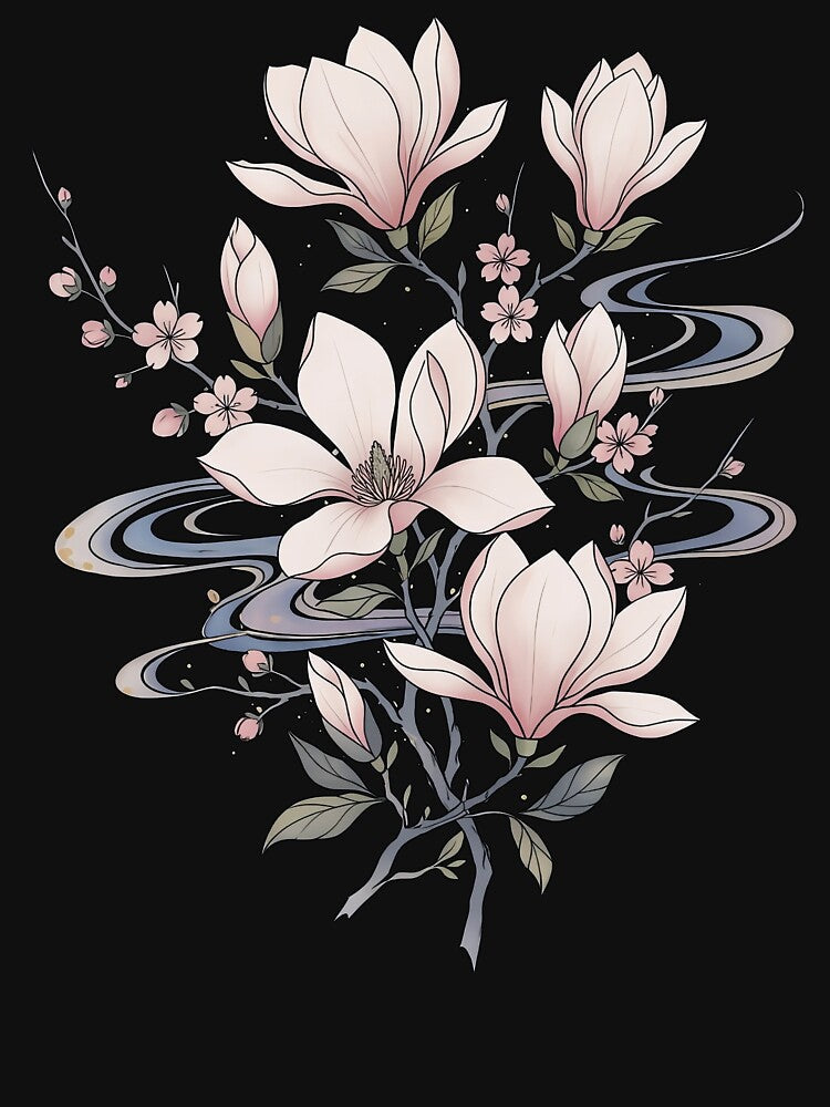 Japanese Magnolia and Sakura Blossom Zen Floral by - Adult & Kids T-Shirts, Sweatshirts & Hoodies apparel design preview 2