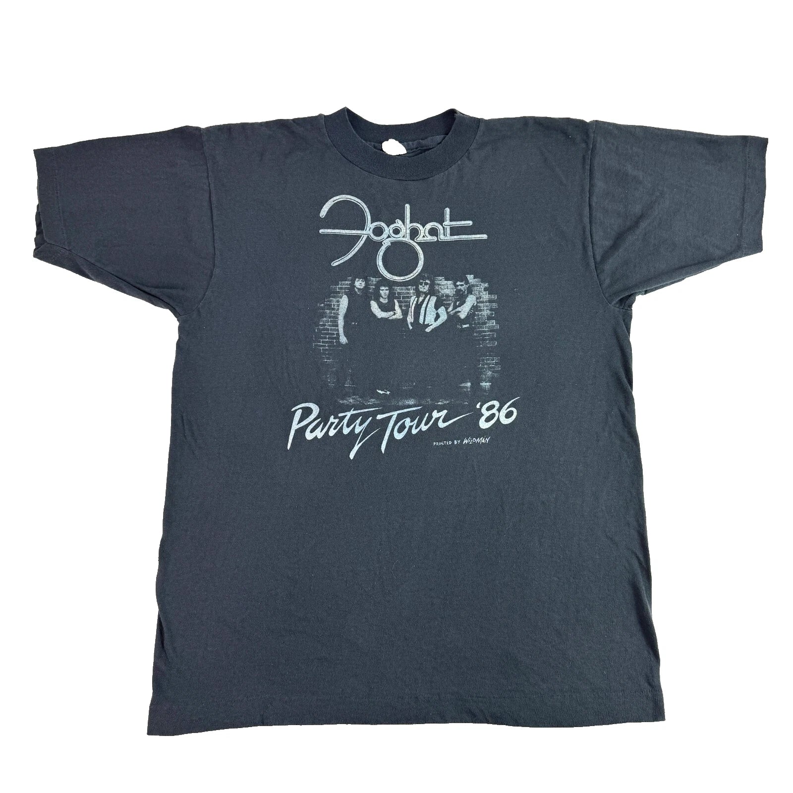 Vintage 80s Foghat Party Tour 86 Faded Black English - Adult & Kids T-Shirts, Sweatshirts & Hoodies apparel design preview 1