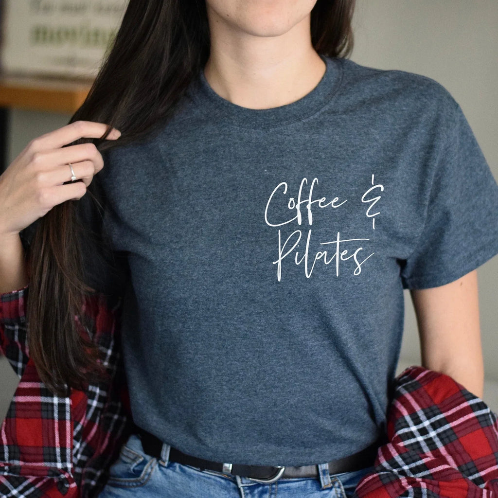Coffee and Pilates pocket teacher Black Navy Dark Hea - Adult & Kids T-Shirts, Sweatshirts & Hoodies apparel design preview 1