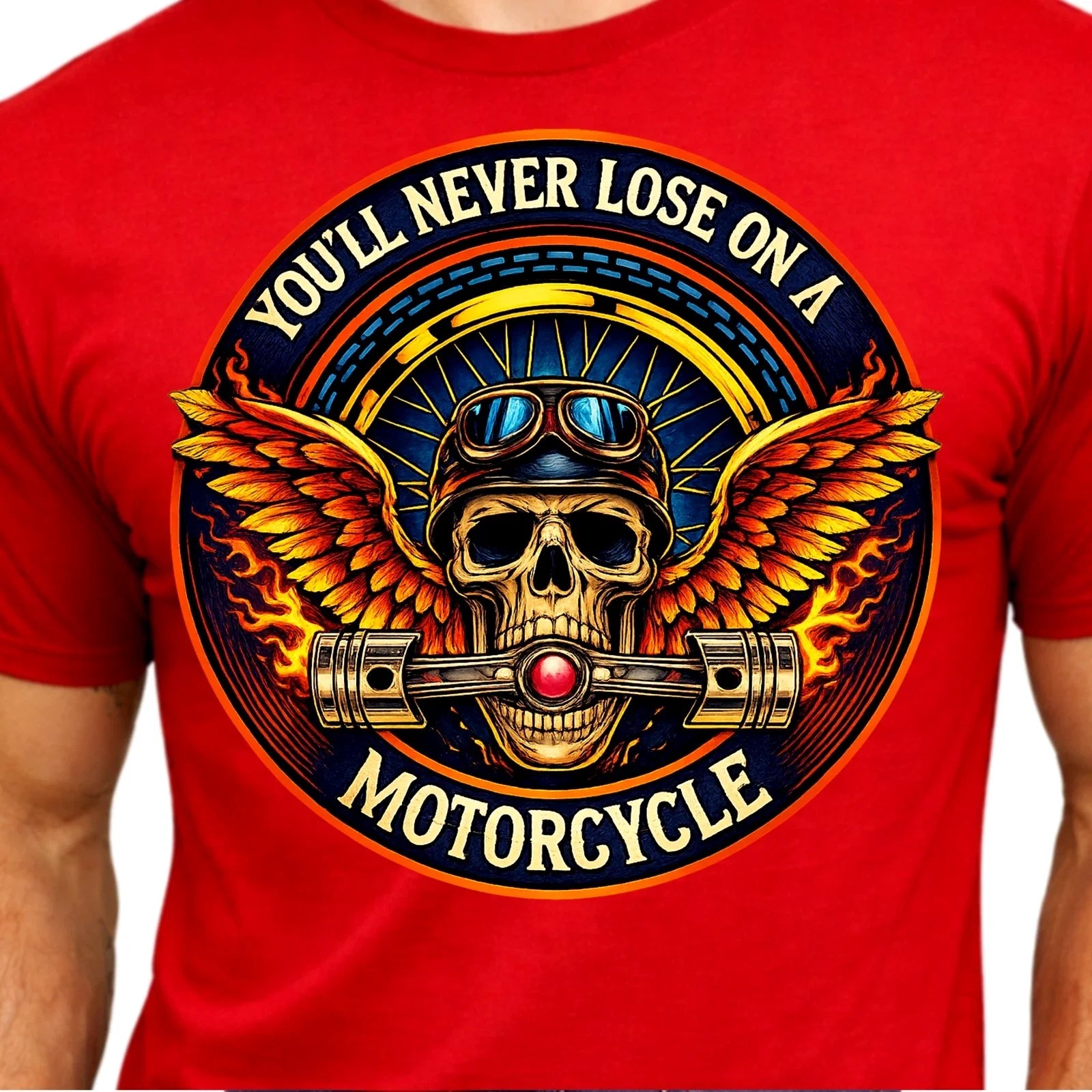 Winged Skull Motorcycle Biker Helmet Pistons Flames - Adult & Kids T-Shirts, Sweatshirts & Hoodies apparel design preview 1