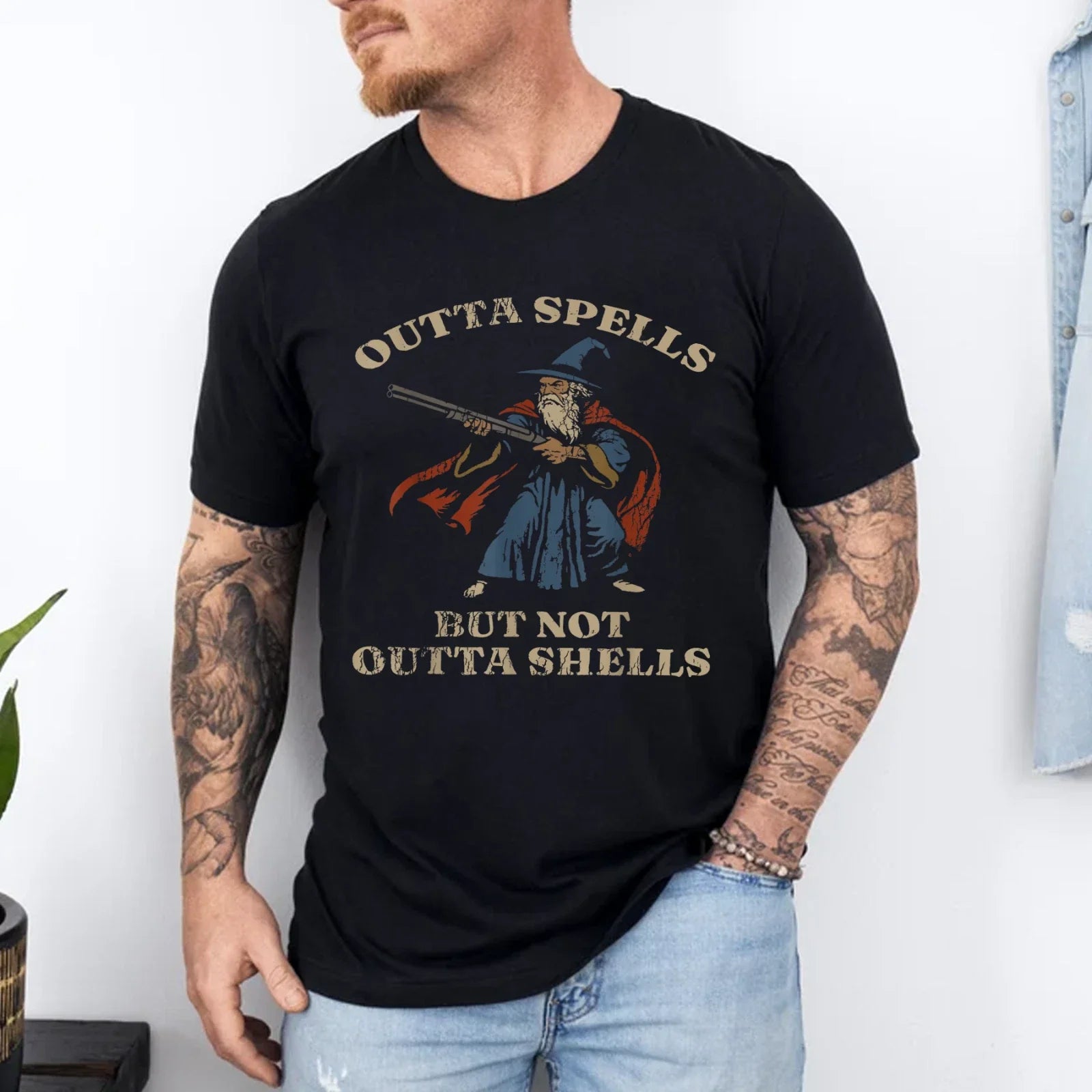 Outta Spells But Not Shells Wizard Fantasy Meme - Adult & Kids T-Shirts, Sweatshirts & Hoodies apparel design preview 1