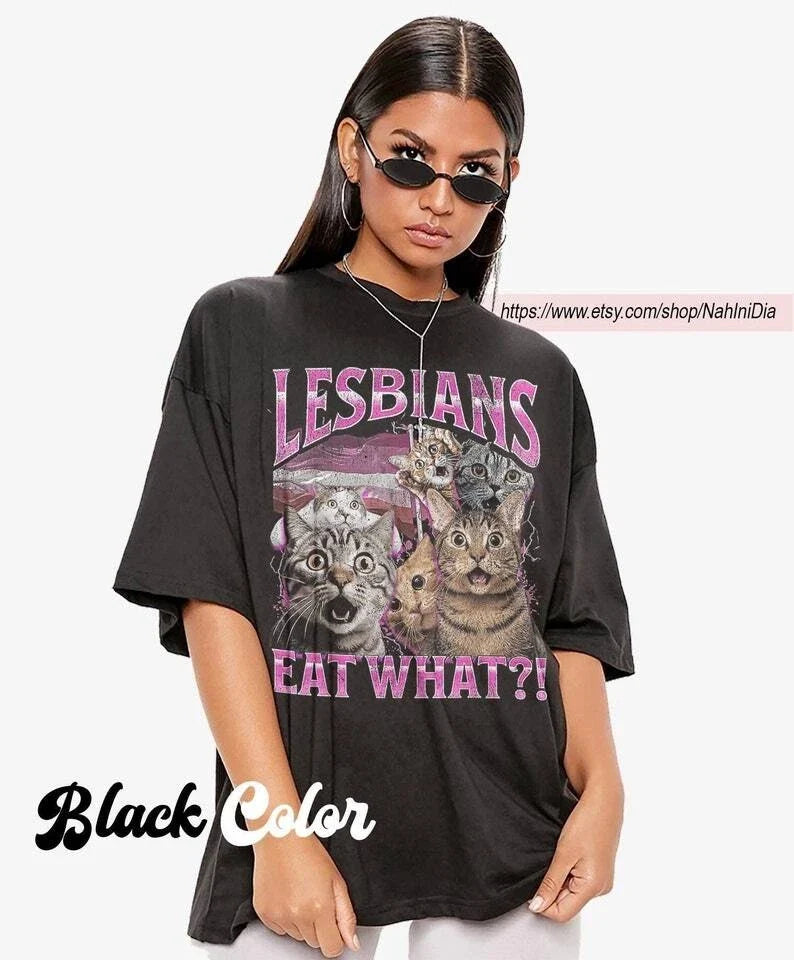 Vintage Lesbians Eat What?! Funny Offensive Cat - Adult & Kids T-Shirts, Sweatshirts & Hoodies apparel design preview 1