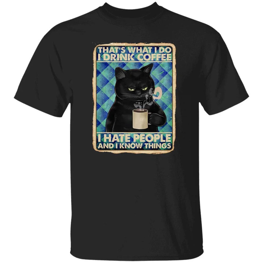 Black Cat I drink coffee gift sarcastic navy dark - Adult & Kids T-Shirts, Sweatshirts & Hoodies apparel design preview 1