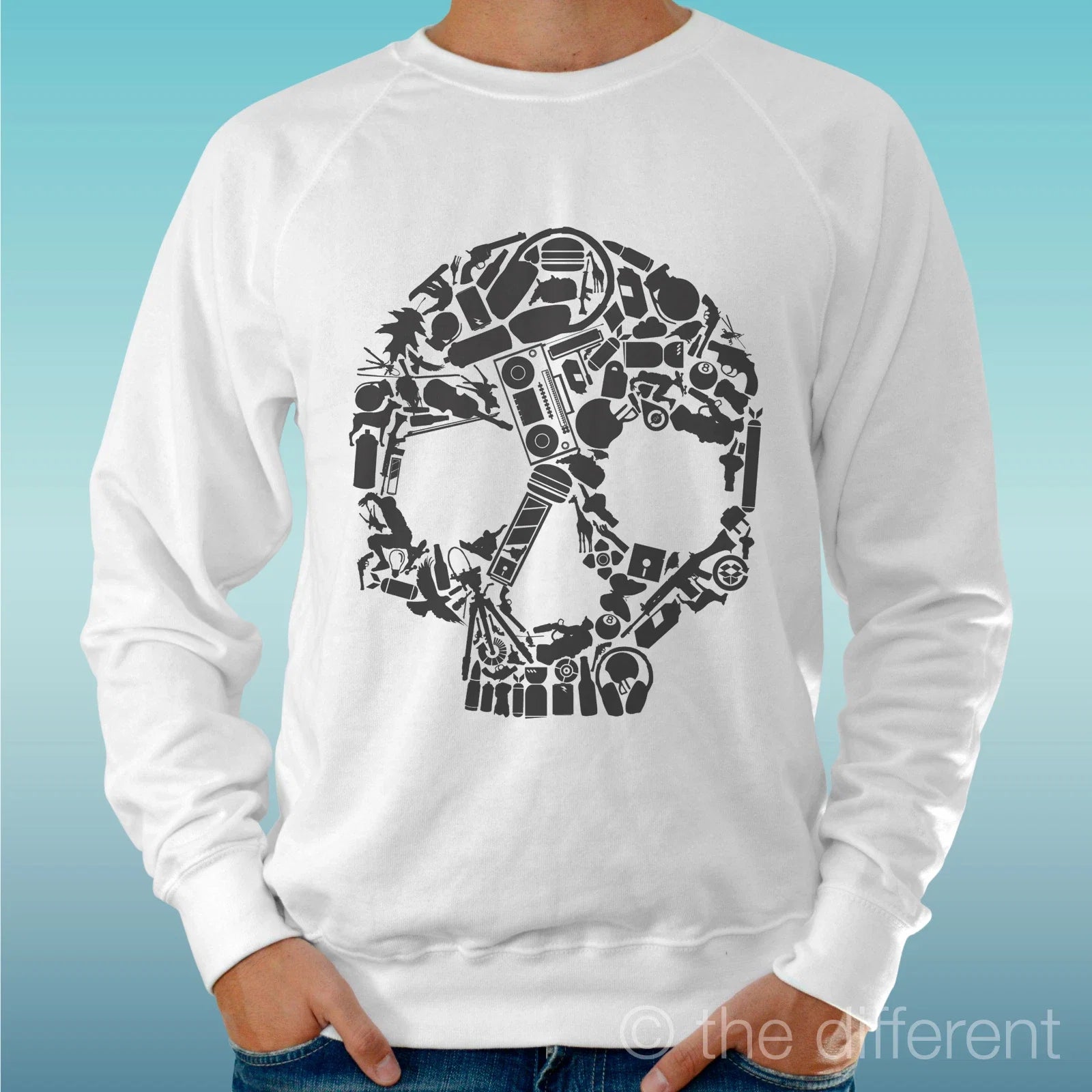 Felpa Man Light Sweater White Skull Lines Draw Music - Adult & Kids T-Shirts, Sweatshirts & Hoodies apparel design preview 1
