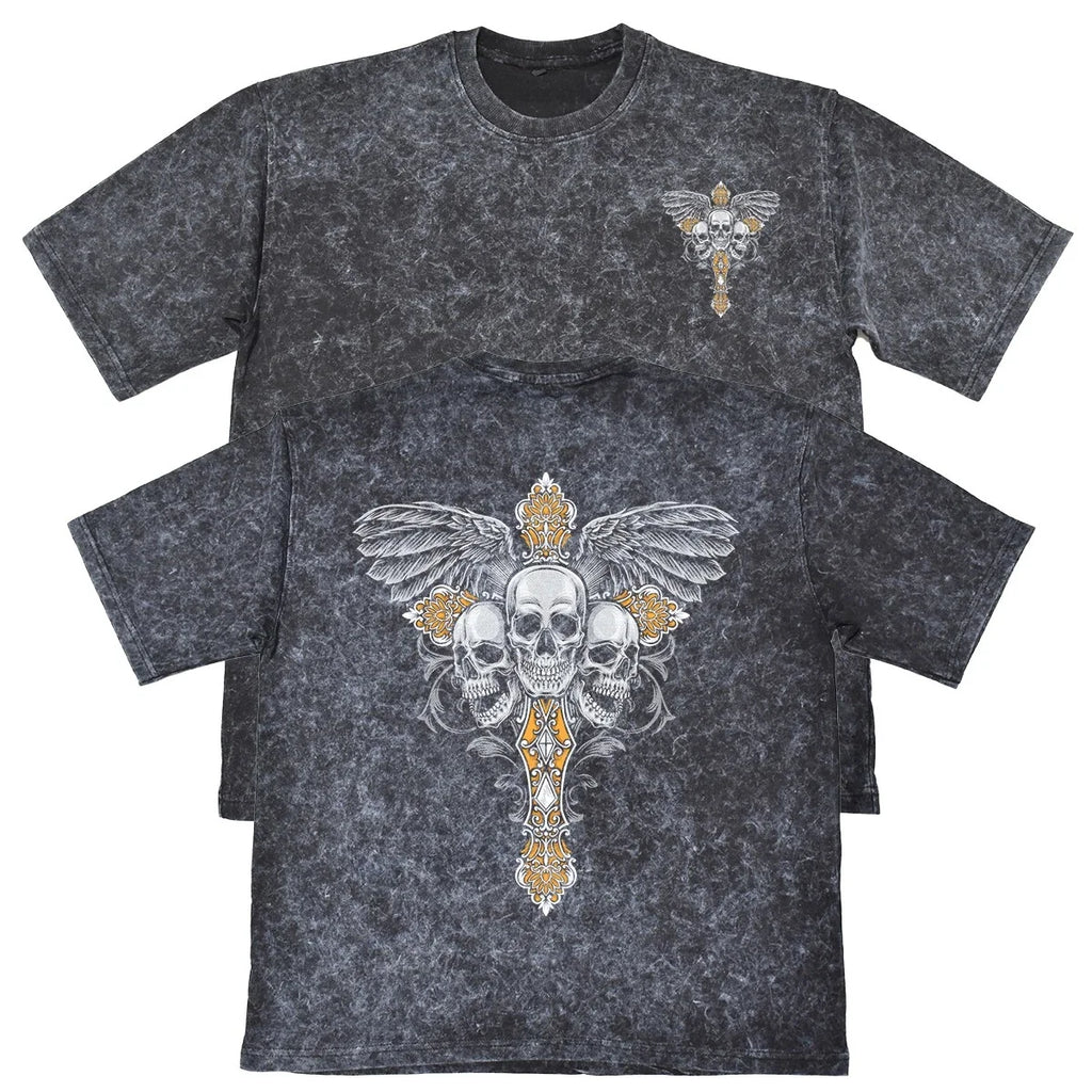 Three Skulls Wings Cross Mens Carbon Grey Heavyweight - Adult & Kids T-Shirts, Sweatshirts & Hoodies apparel design preview 1