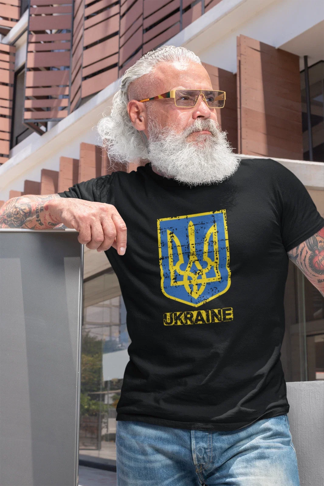 Ukraine Flag Stand With Vintage Coat of Arm Trident - Adult & Kids T-Shirts, Sweatshirts & Hoodies apparel design preview 1