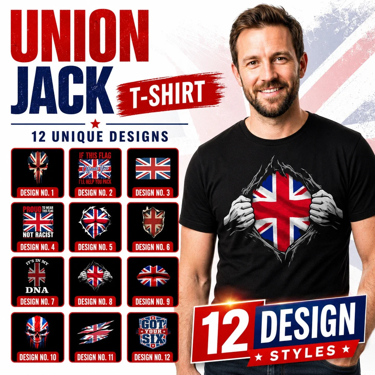 Union Jack British Flag Patriotic UK Pride 12 Designs - Adult & Kids T-Shirts, Sweatshirts & Hoodies apparel design preview 1