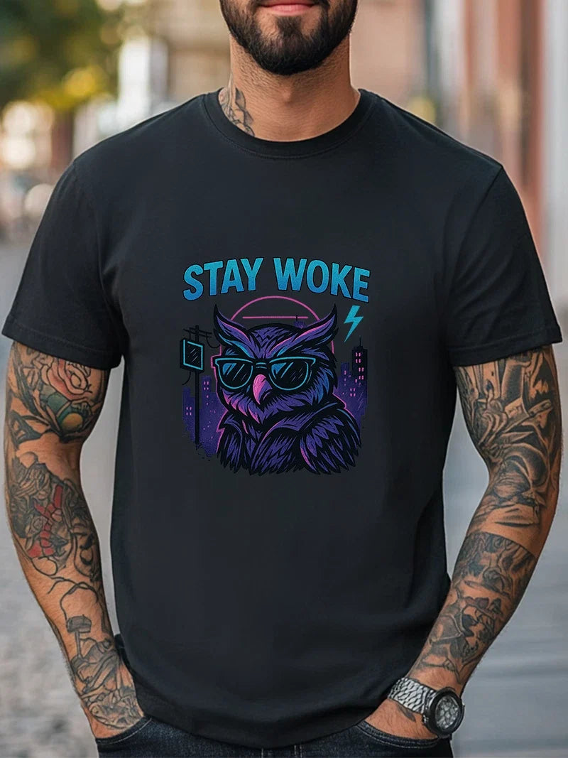 Stay Woke Neon Owl with Shades Graphic Retro - Adult & Kids T-Shirts, Sweatshirts & Hoodies apparel design preview 1