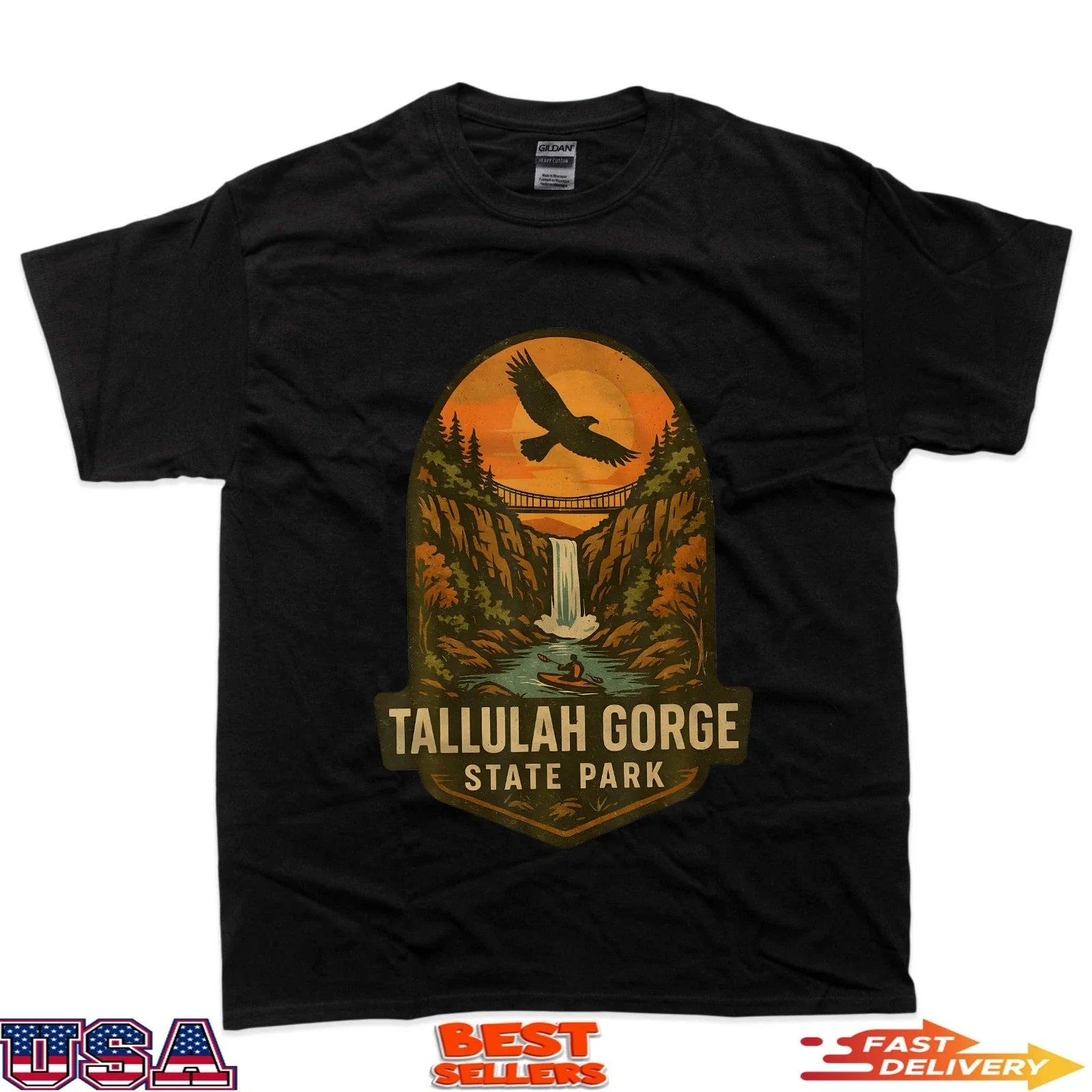 Tallulah Gorge Waterfall Bridge Kayak Georgia Park - Adult & Kids T-Shirts, Sweatshirts & Hoodies apparel design preview 1