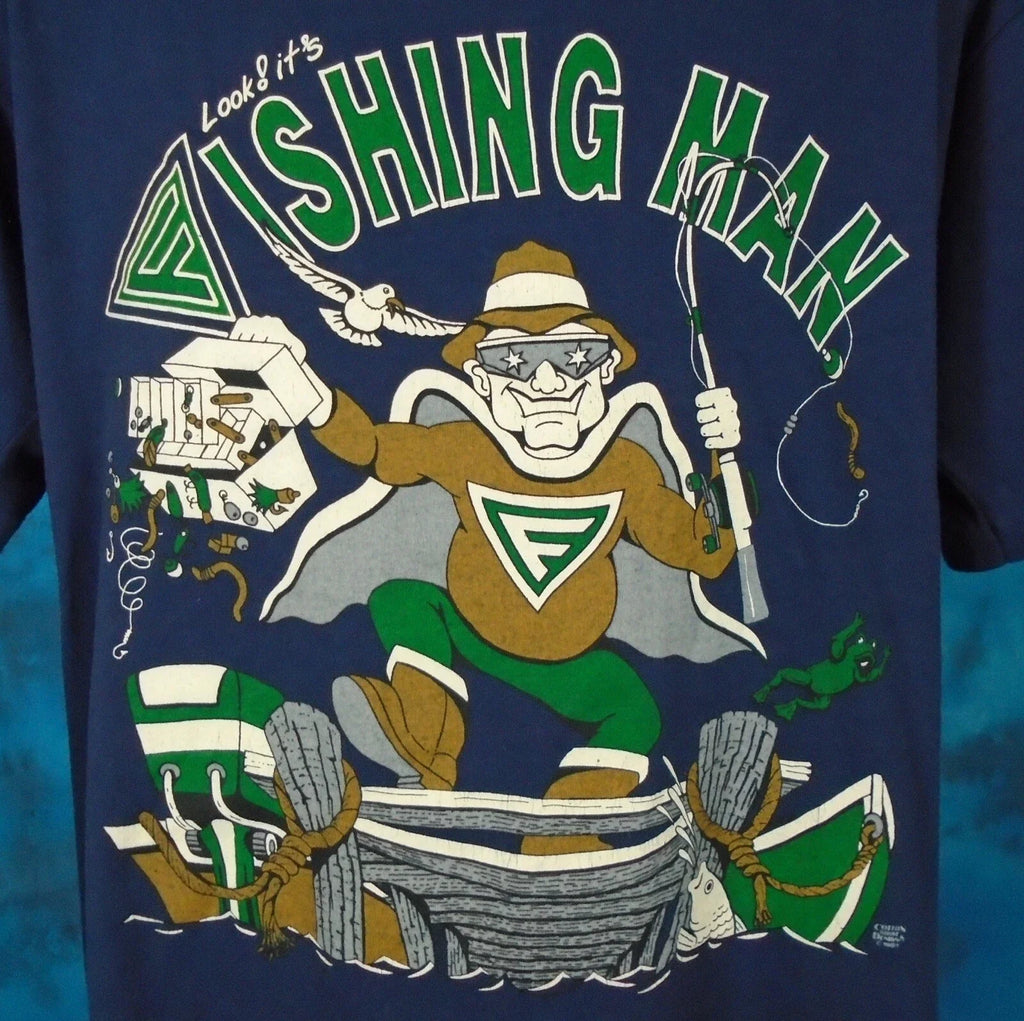 Vintage 80s FISHING MAN CARTOON PAPER THIN LARGE/XL - Adult & Kids T-Shirts, Sweatshirts & Hoodies apparel design preview 1