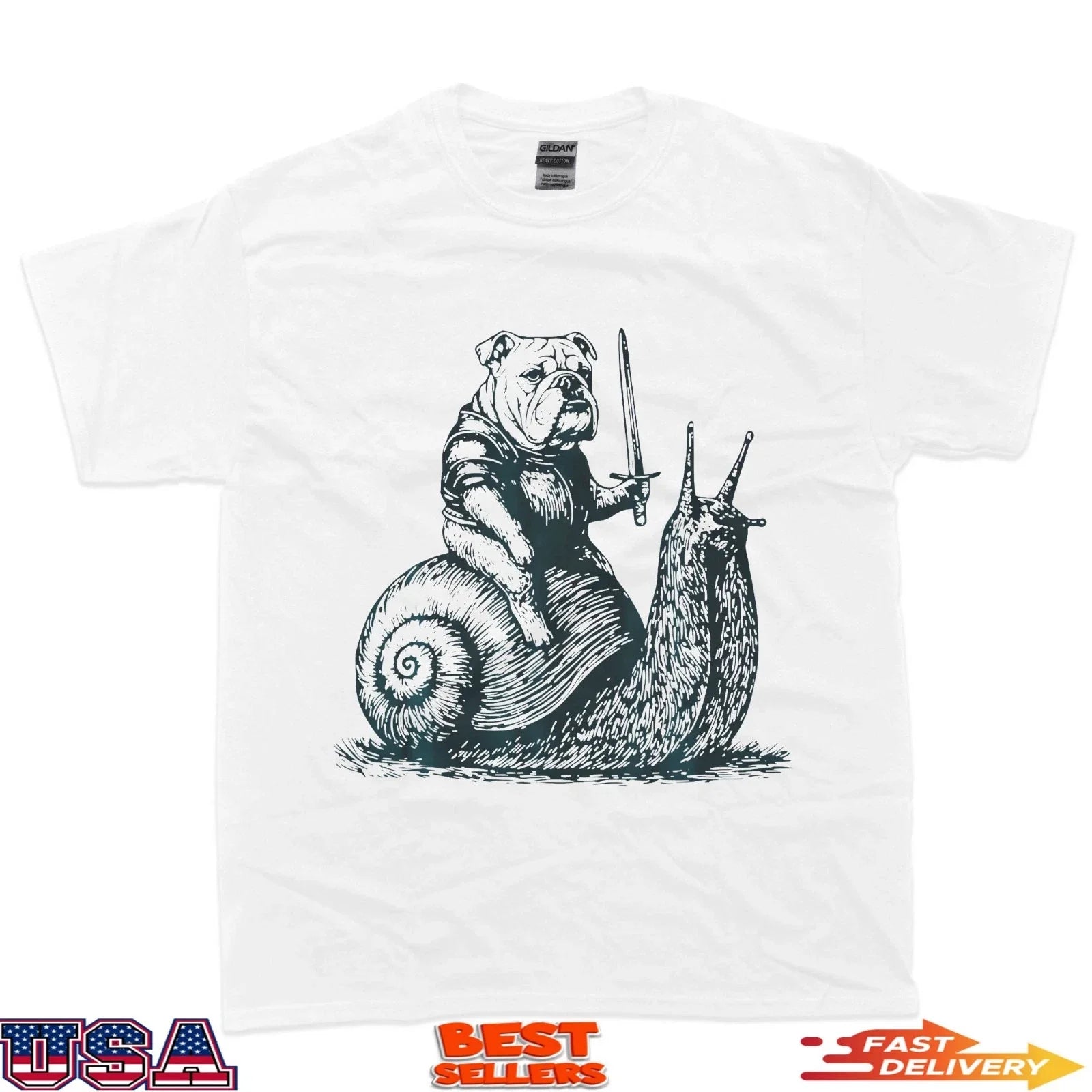 Medieval Bulldog Knight Riding Snail Vintage Funny - Adult & Kids T-Shirts, Sweatshirts & Hoodies apparel design preview 1