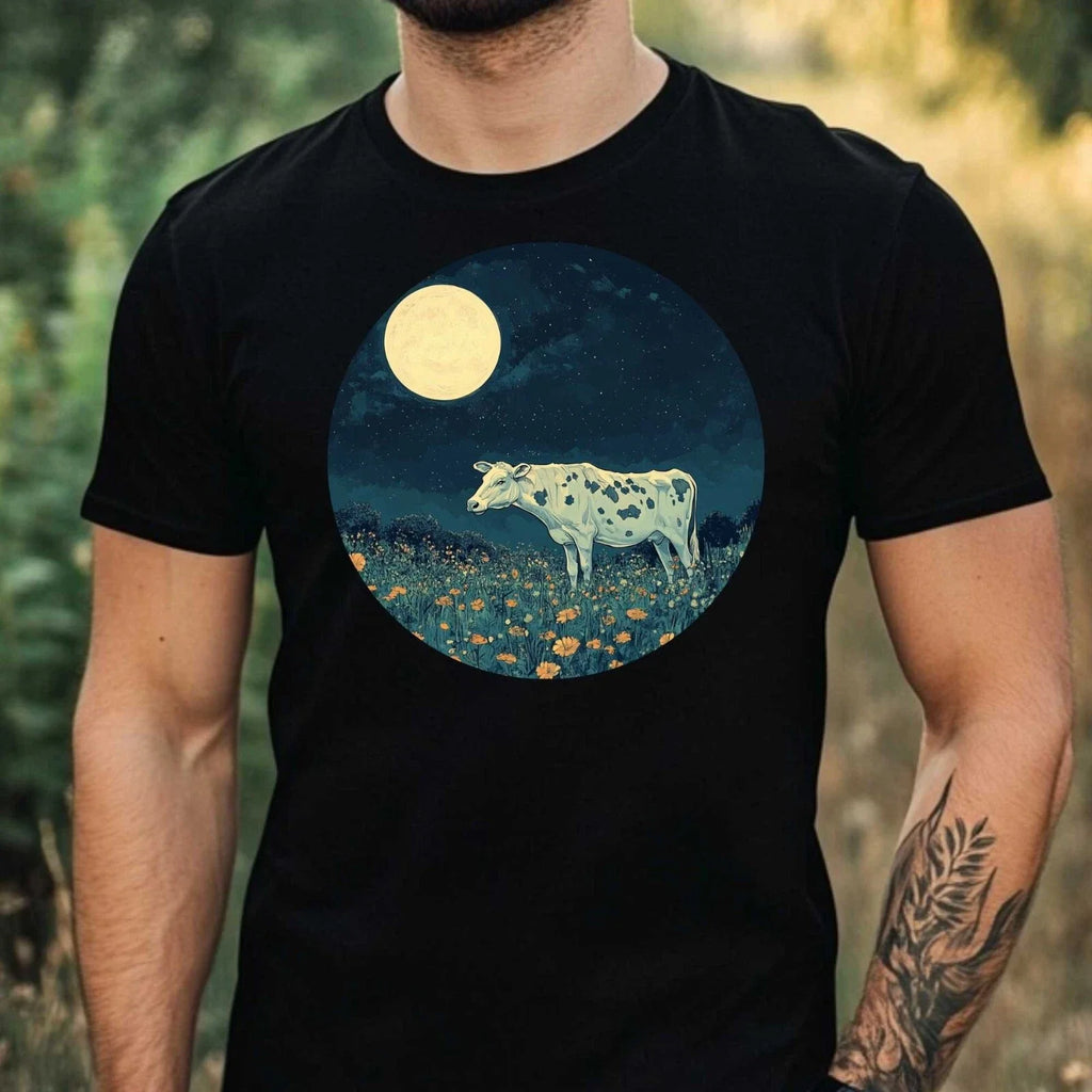 Mens Cow in Moonlight Motif Cotton Size XS to 5XL - Adult & Kids T-Shirts, Sweatshirts & Hoodies apparel design preview 1