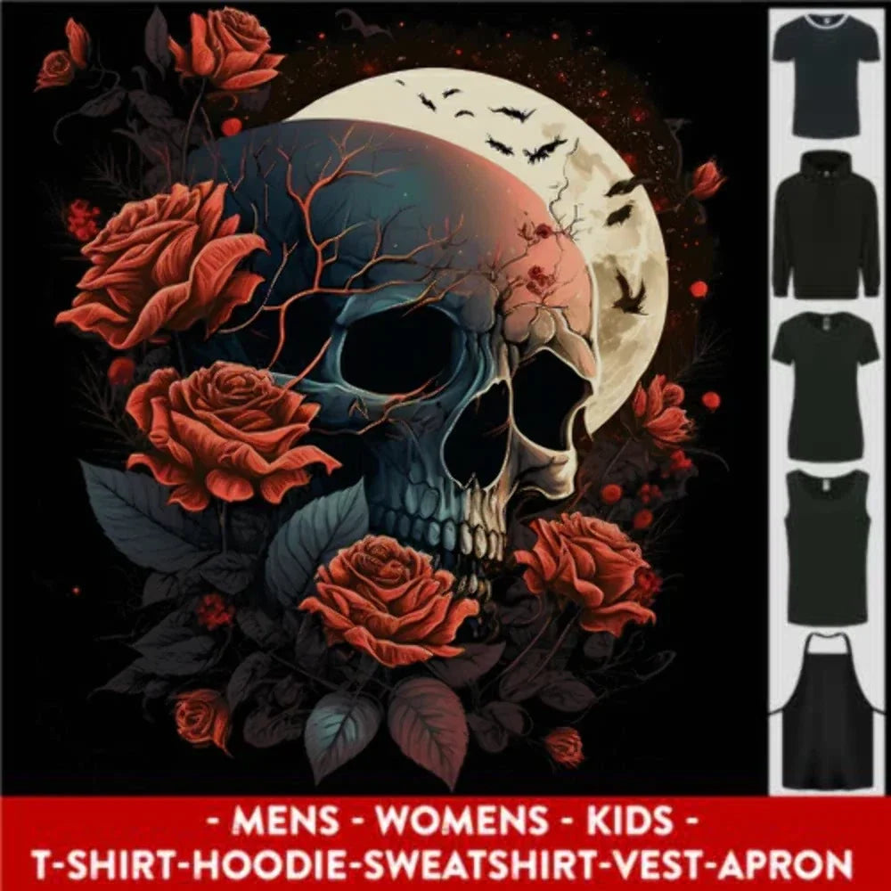 A Dark Fantasy Skull With Roses and Moon Mens Womens - Adult & Kids T-Shirts, Sweatshirts & Hoodies apparel design preview 1