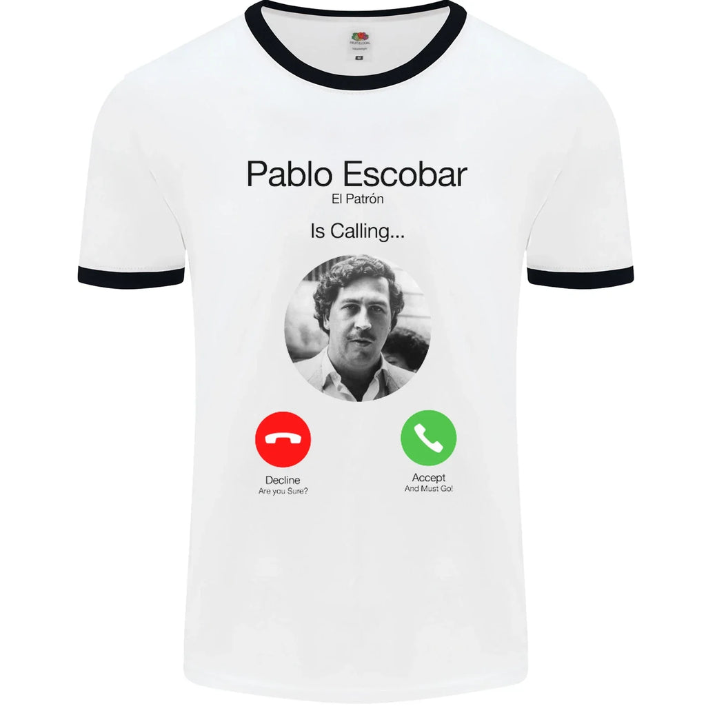 Pablo Escobar El Patron Is Calling Mens Ringer - Adult & Kids T-Shirts, Sweatshirts & Hoodies apparel design preview 1