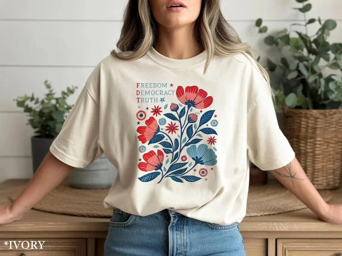 Freedom Democracy Truth Red Blue Floral Wildflower - Adult & Kids T-Shirts, Sweatshirts & Hoodies apparel design preview 1