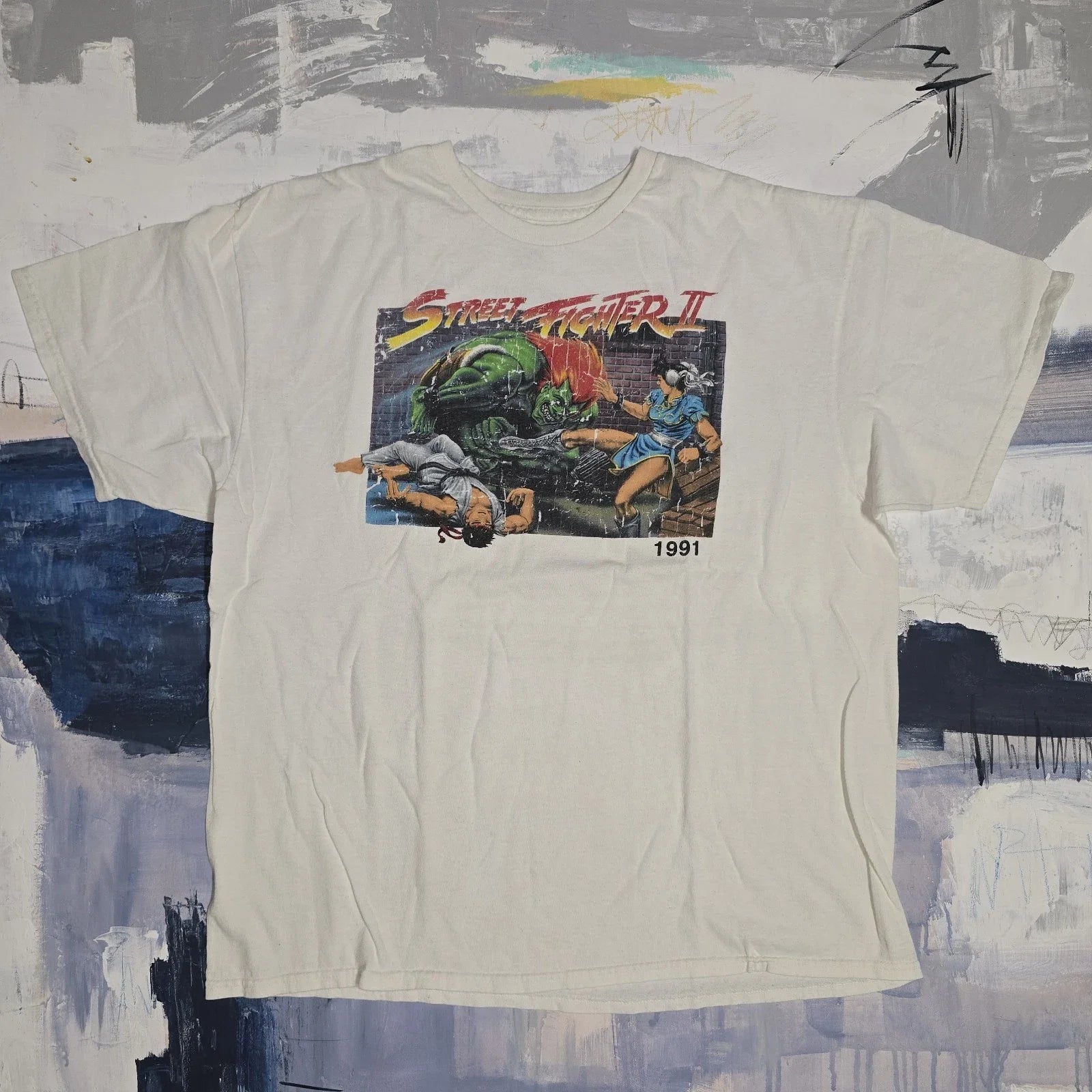 Street Fighter 2 1991 Retro Xlarge White Distressed - Adult & Kids T-Shirts, Sweatshirts & Hoodies apparel design preview 1