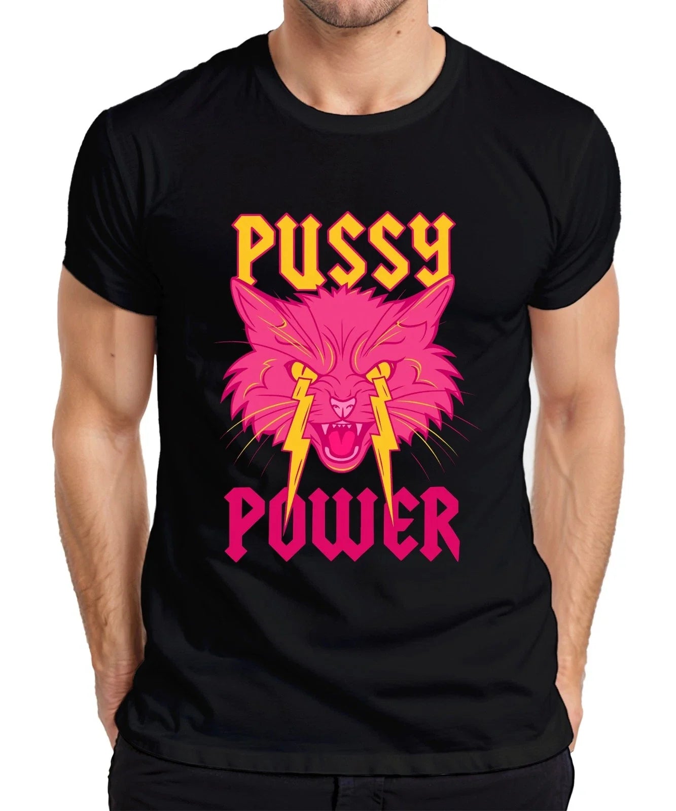 Pussy Power Women Cat Lightning Neon Punk Retro - Adult & Kids T-Shirts, Sweatshirts & Hoodies apparel design preview 1