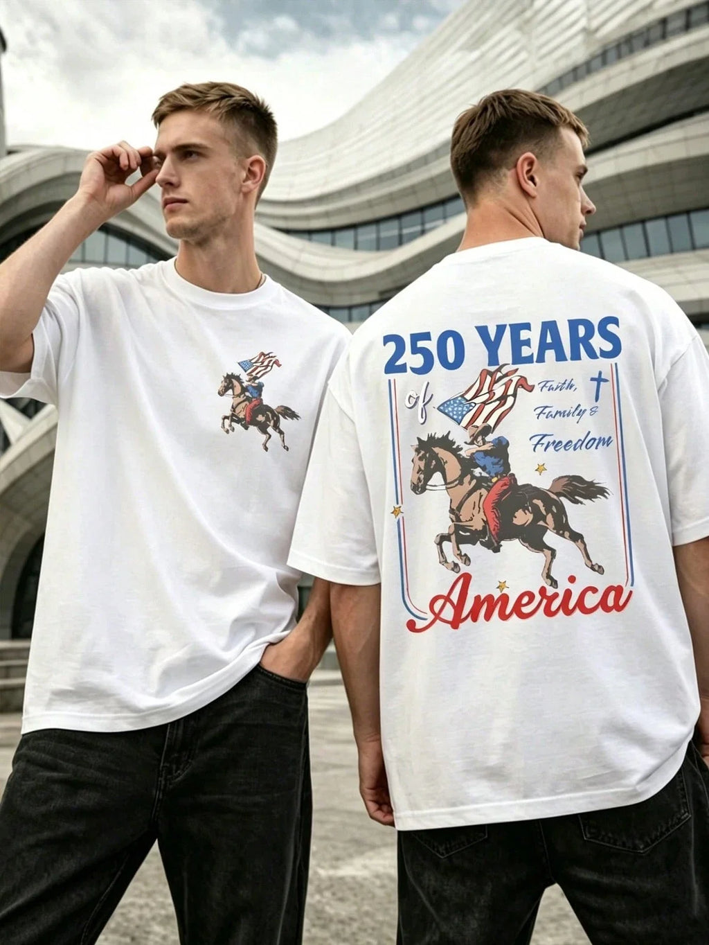 USA 250 Years Of America Cowboy Horse Graphic Faith - Adult & Kids T-Shirts, Sweatshirts & Hoodies apparel design preview 1