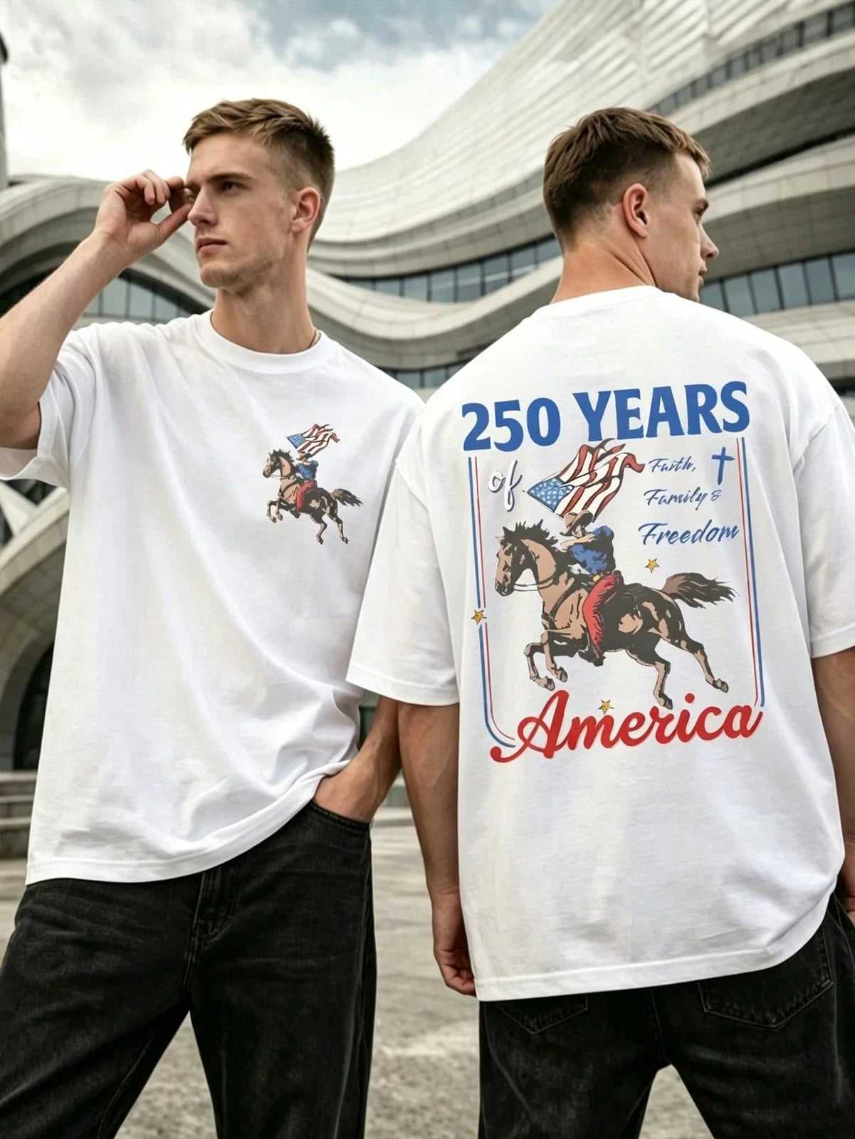 USA 250 Years Of America Cowboy Horse Graphic Faith - Adult & Kids T-Shirts, Sweatshirts & Hoodies apparel design preview 1