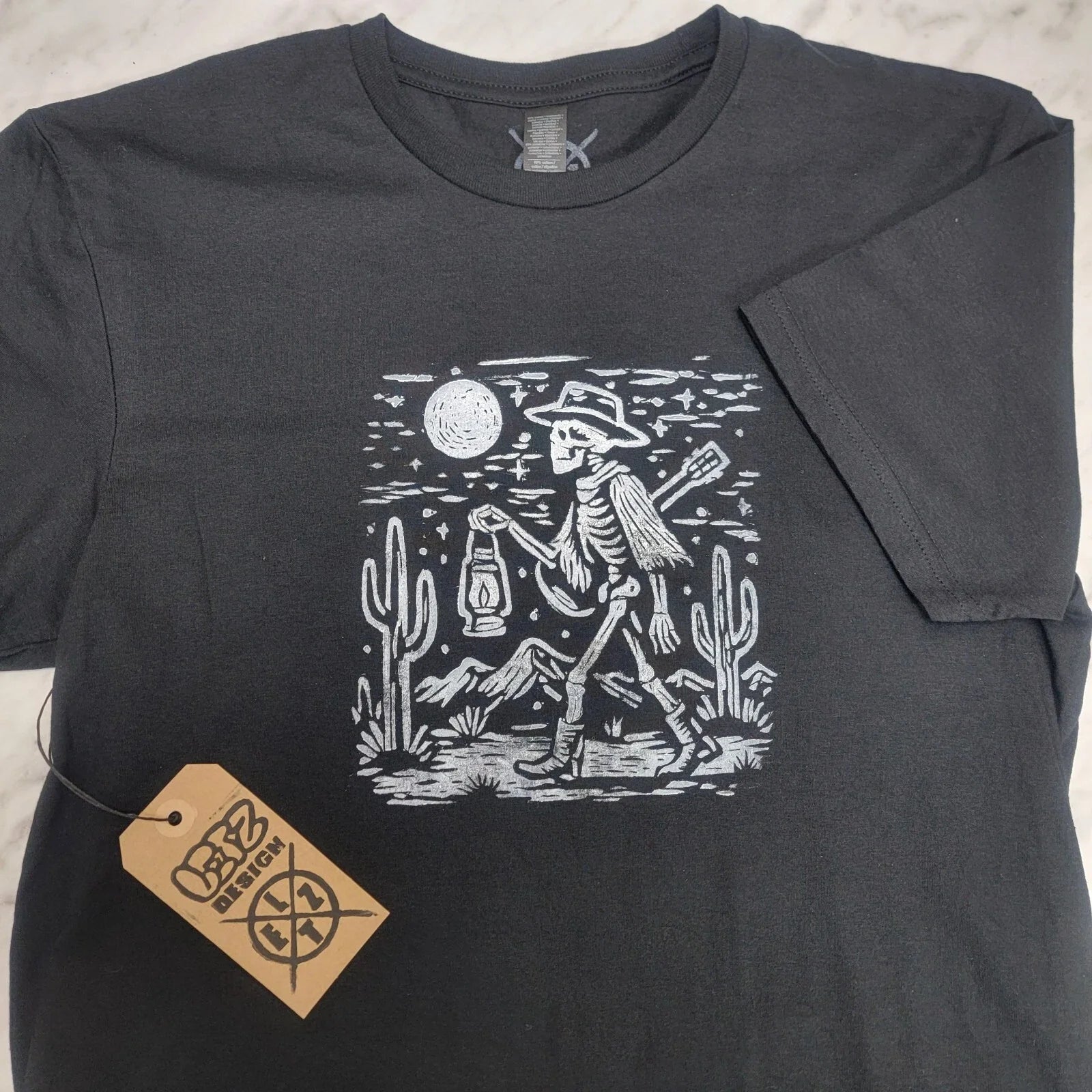 Desert Night Cactus Skeleton Cowboy Hand Printed Lino - Adult & Kids T-Shirts, Sweatshirts & Hoodies apparel design preview 1