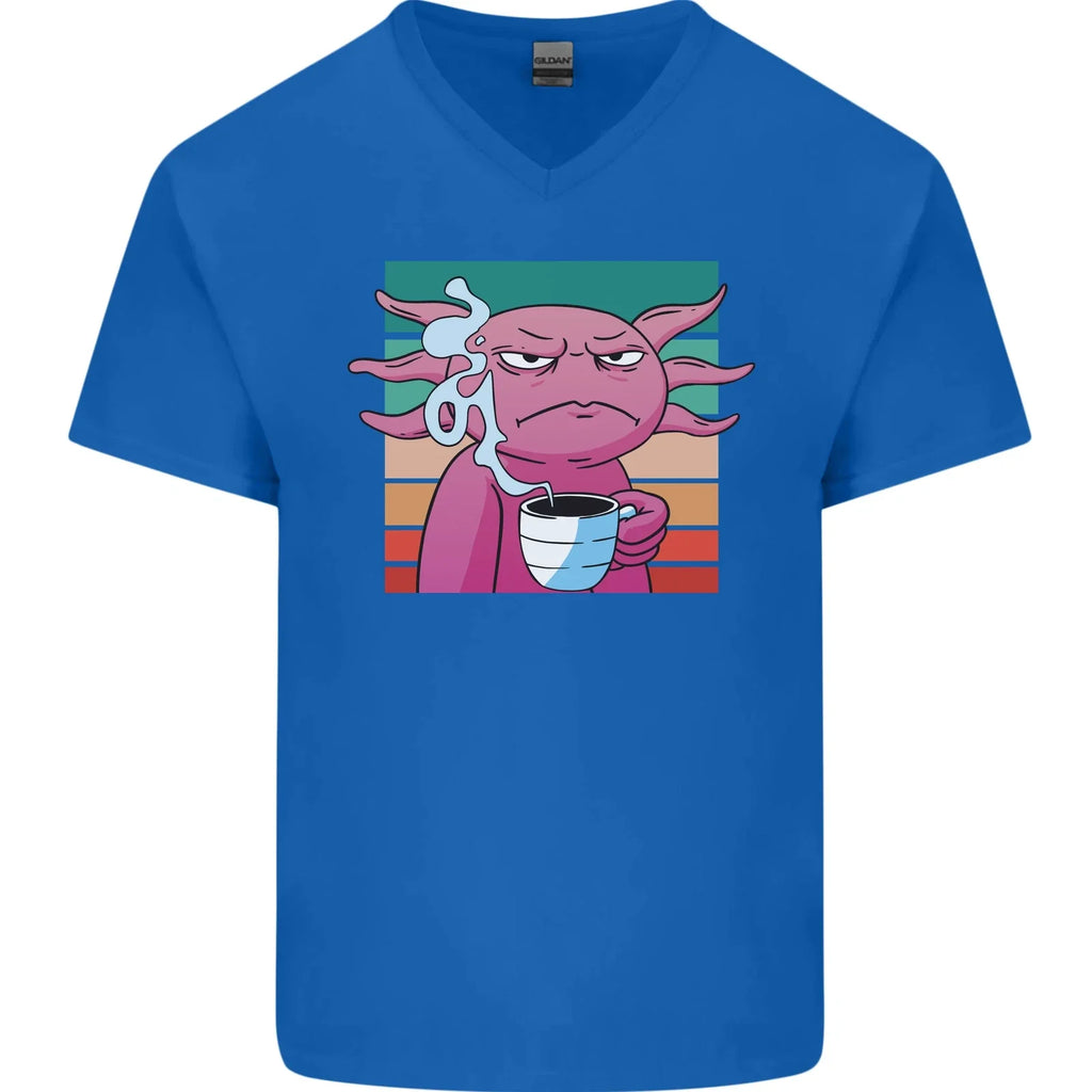 Grumpy Axolotl With Coffee Mens V-Neck Cotton - Adult & Kids T-Shirts, Sweatshirts & Hoodies apparel design preview 1