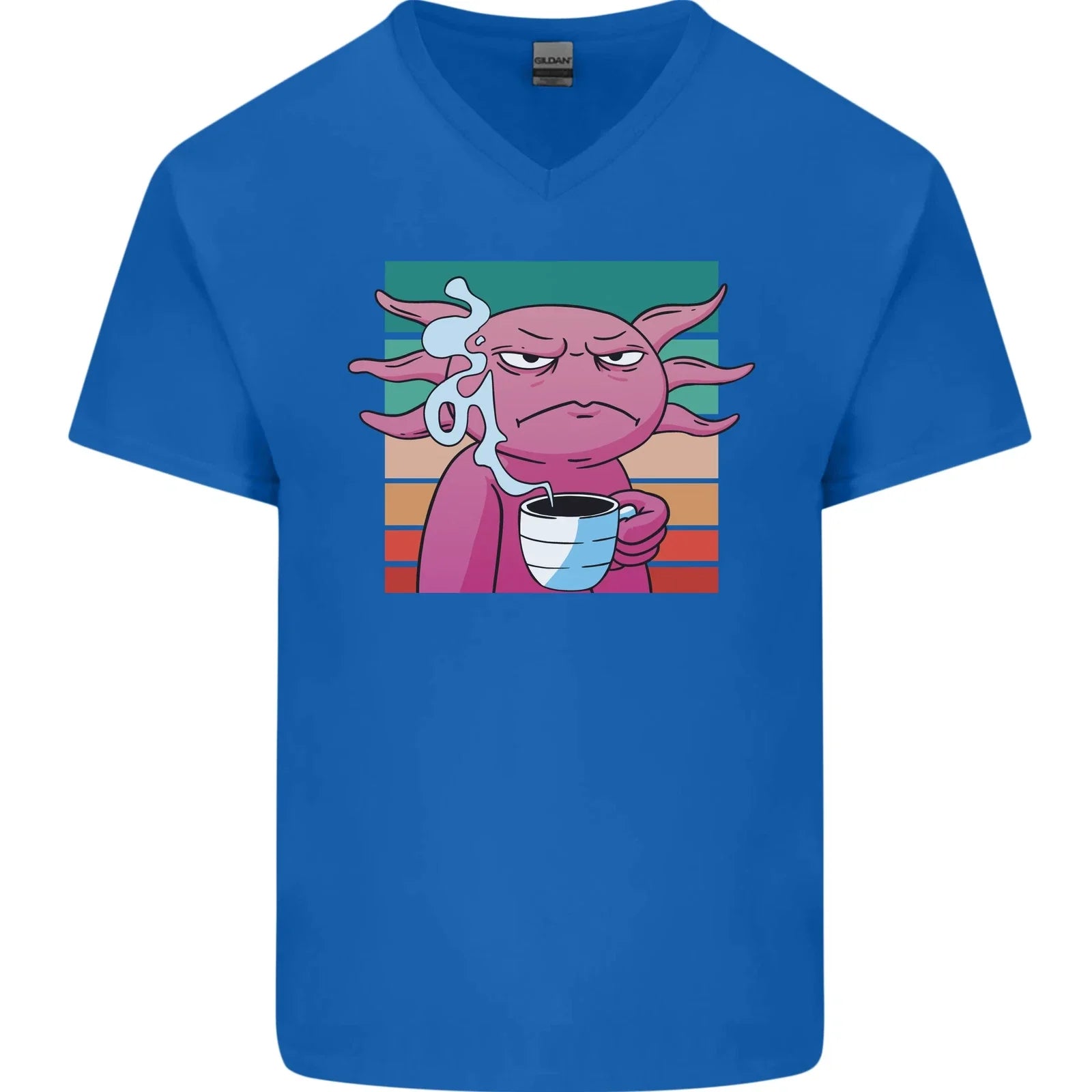 Grumpy Axolotl With Coffee Mens V-Neck Cotton - Adult & Kids T-Shirts, Sweatshirts & Hoodies apparel design preview 1
