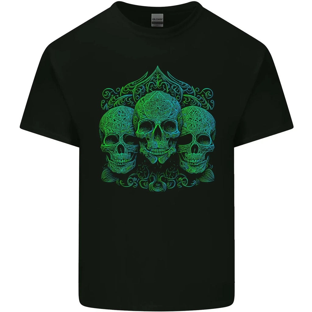 3 Ornate Green Skulls Gothic Goth Mens Cotton Top - Adult & Kids T-Shirts, Sweatshirts & Hoodies apparel design preview 1