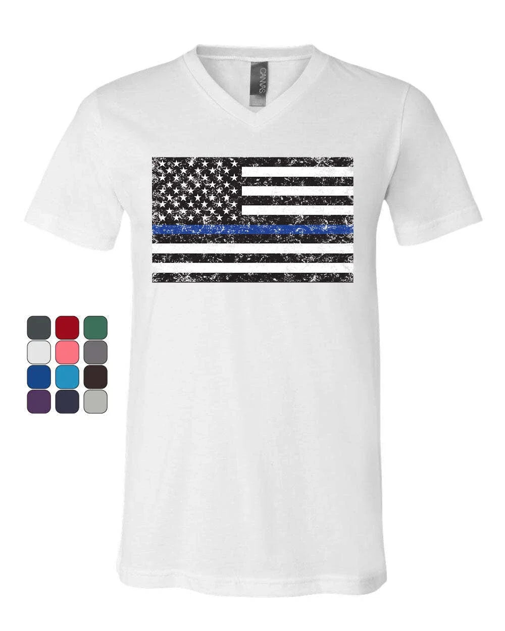 American Flag Thin Blue Line V-Neck Police USA Law - Adult & Kids T-Shirts, Sweatshirts & Hoodies apparel design preview 1