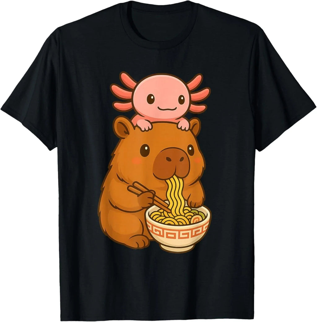 Funny Axolotl Noodle Anime Kawaii and Capybara Eating - Adult & Kids T-Shirts, Sweatshirts & Hoodies apparel design preview 1