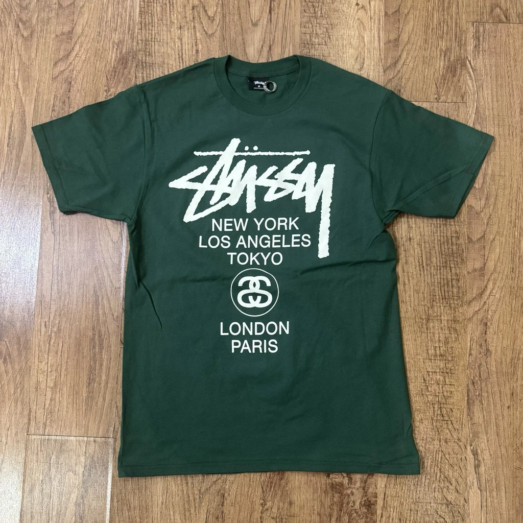 Stussy Men's Medium World Tour Short Sleeve Forest - Adult & Kids T-Shirts, Sweatshirts & Hoodies apparel design preview 1