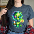 Cute alien with coffee Color Splash Black Navy Dark - Adult & Kids T-Shirts, Sweatshirts & Hoodies apparel design preview 1