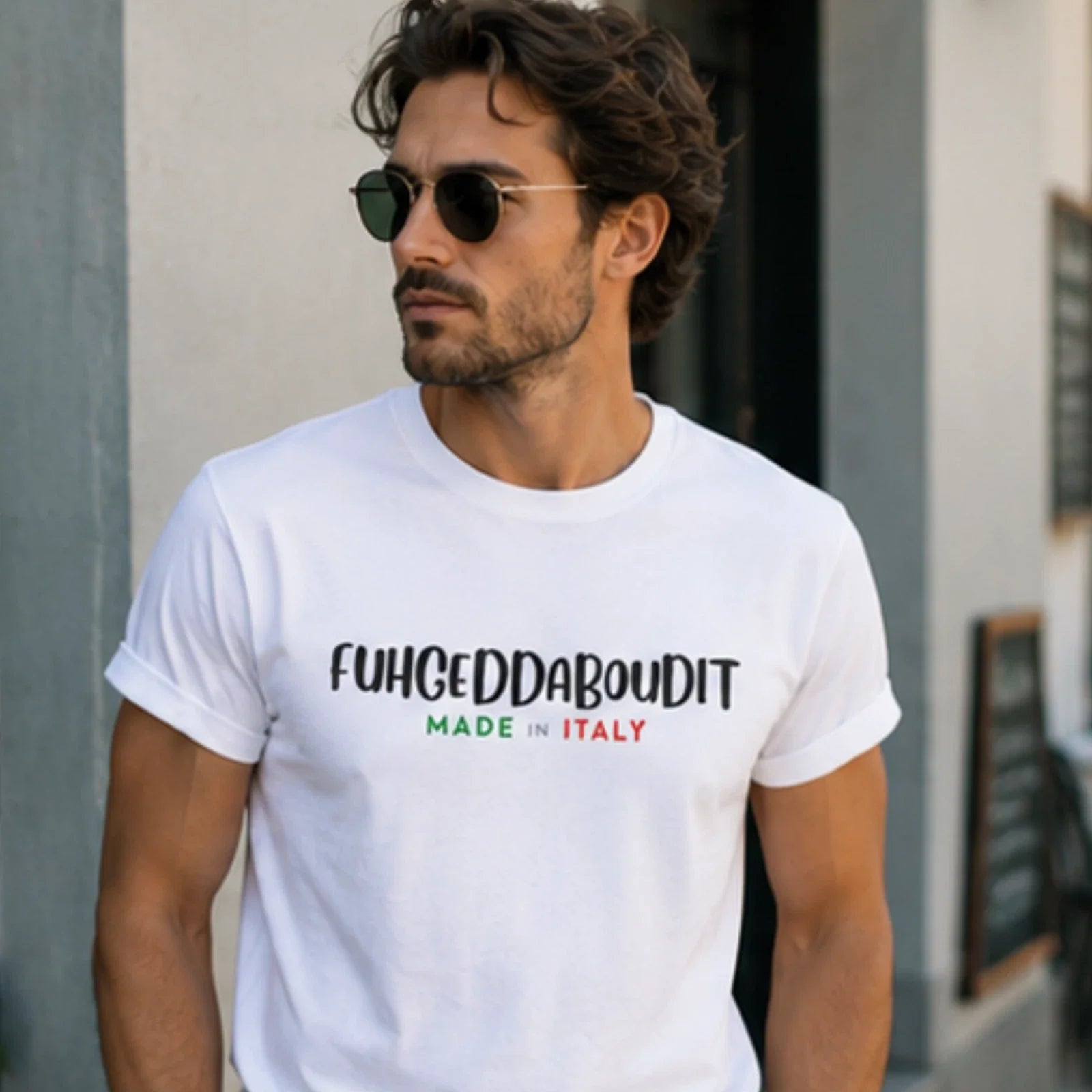 Fuhgeddaboudit Made in Italy Italian Phrase Men's - Adult & Kids T-Shirts, Sweatshirts & Hoodies apparel design preview 1