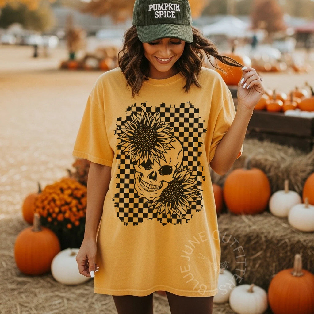 Sunflower Skull Retro Checkerboard Graphic Comfort - Adult & Kids T-Shirts, Sweatshirts & Hoodies apparel design preview 1