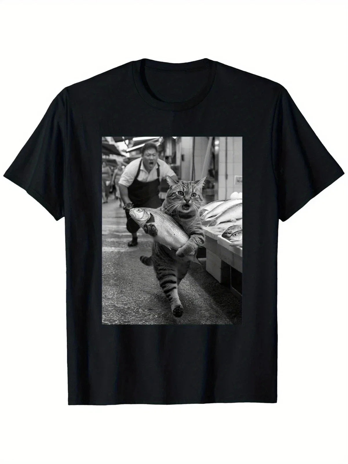 Funny Cat Steals Fish Market Black White Meme Unisex - Adult & Kids T-Shirts, Sweatshirts & Hoodies apparel design preview 1