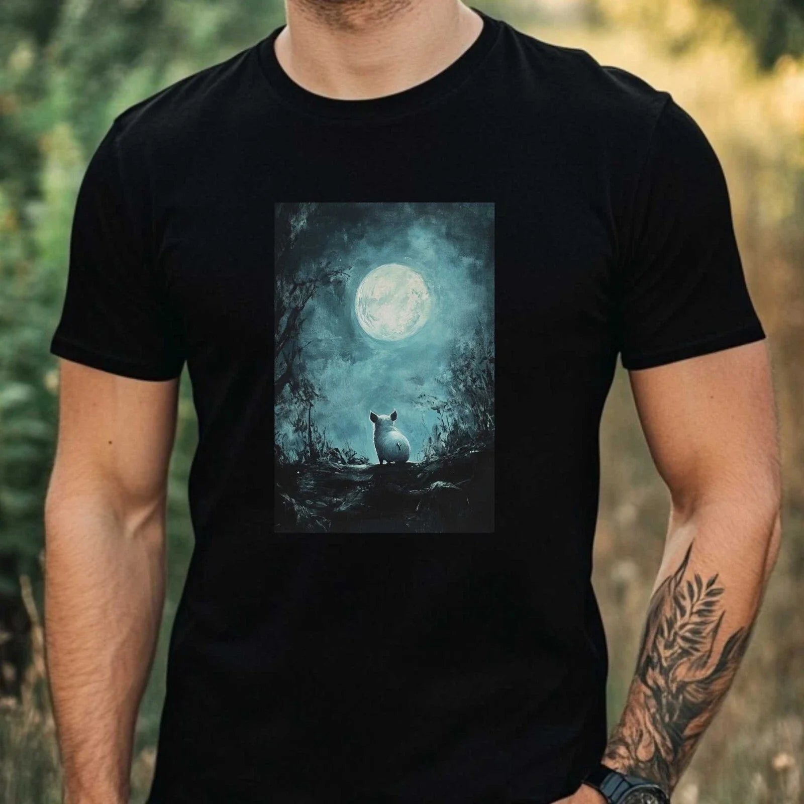 Mens Pig in the Moonlight Motif Cotton Size XS to 5XL - Adult & Kids T-Shirts, Sweatshirts & Hoodies apparel design preview 1