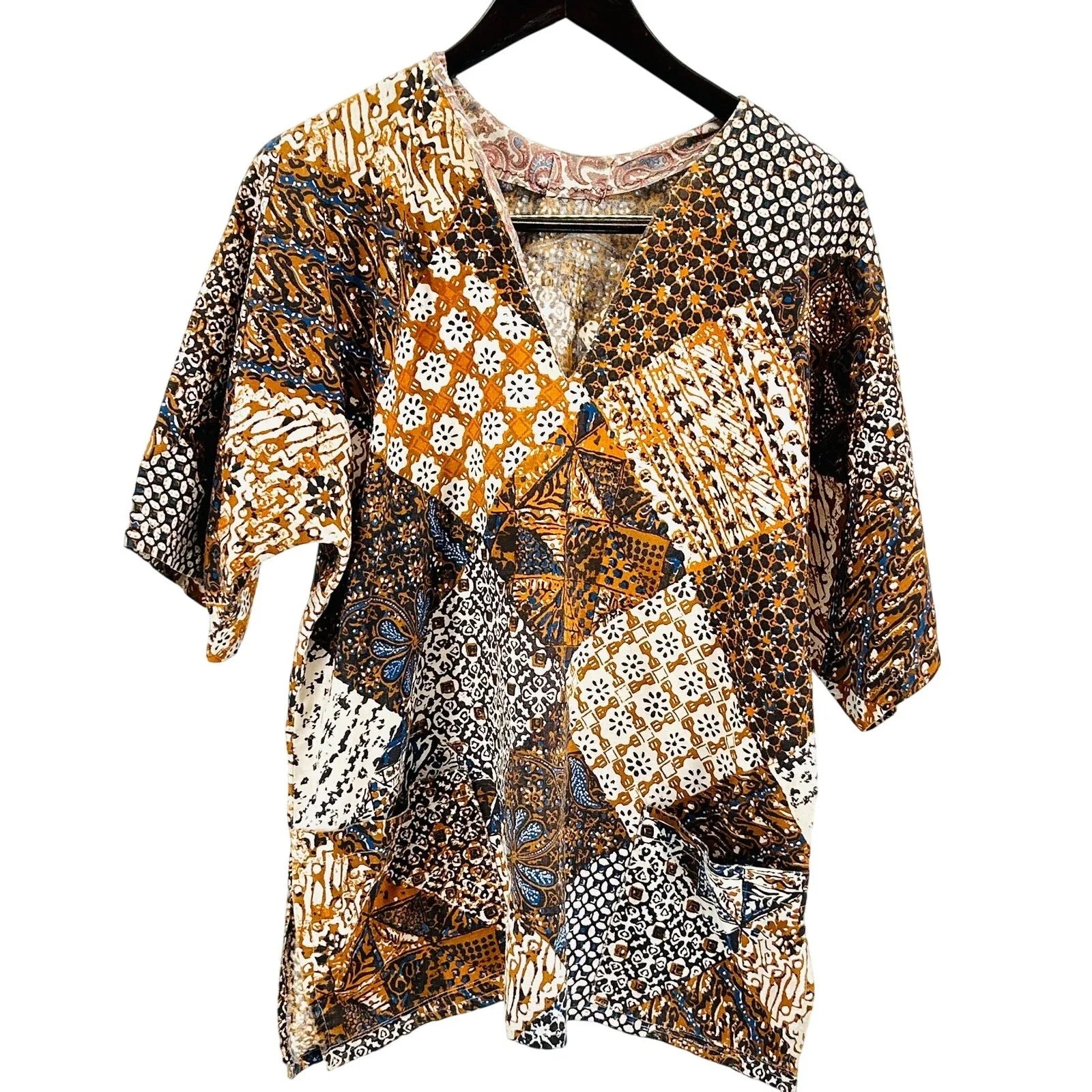 Vintage 70s Handmade Brown Patchwork Cotton Batik - Adult & Kids T-Shirts, Sweatshirts & Hoodies apparel design preview 1