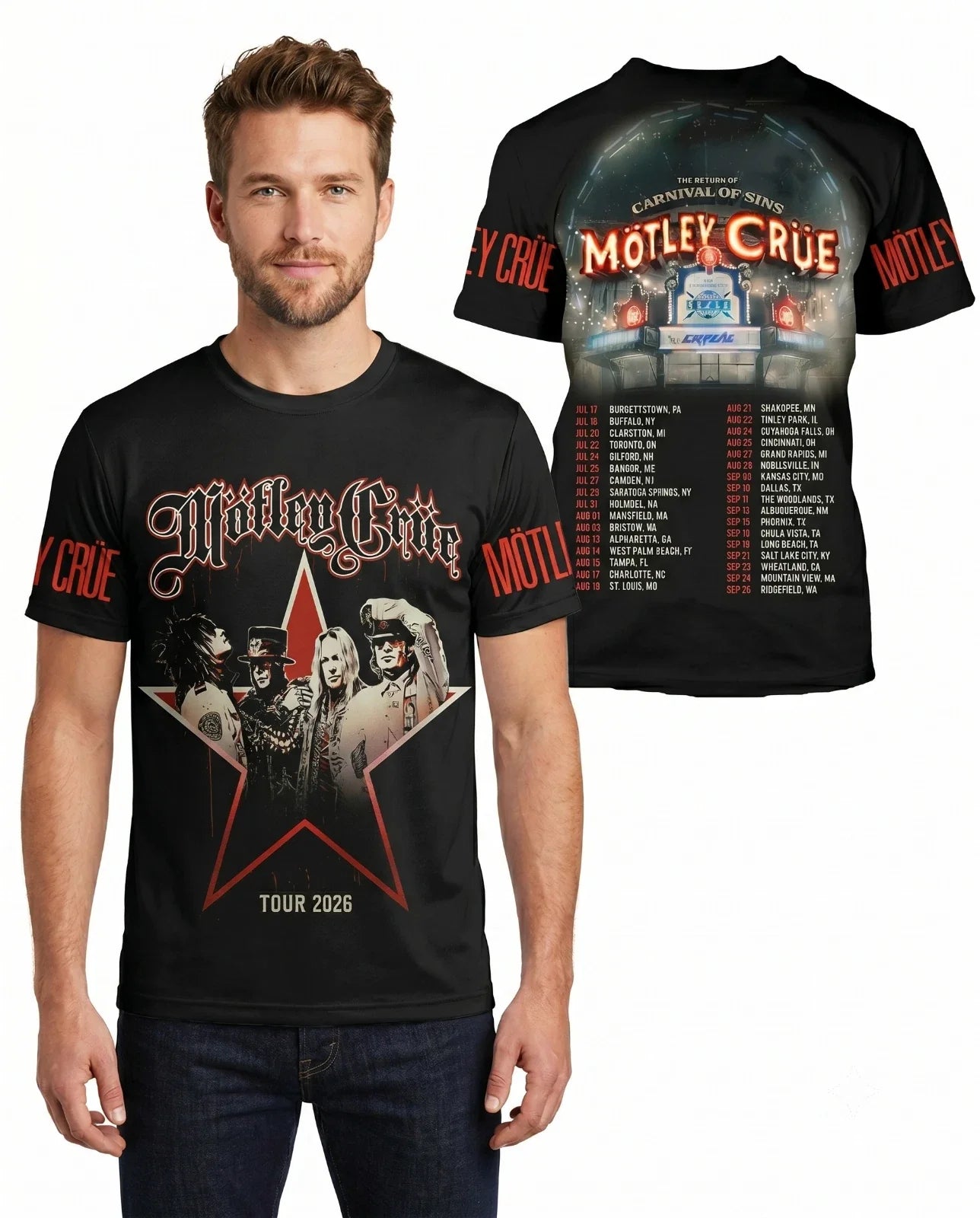 Motley Crue Return Of The Carnival Sins 2026 Tour 3D - Adult & Kids T-Shirts, Sweatshirts & Hoodies apparel design preview 1