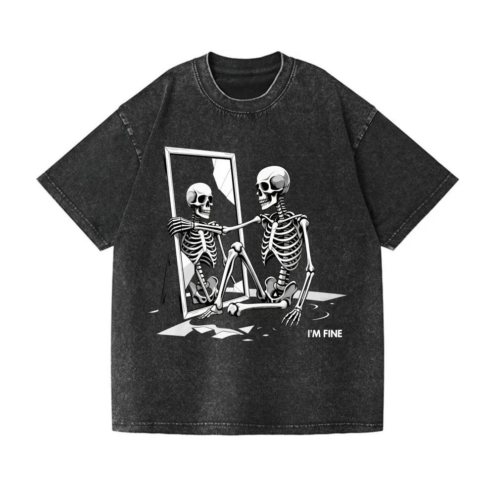 Funny Sarcastic "I'm Fine" Skeleton Graphic Washed - Adult & Kids T-Shirts, Sweatshirts & Hoodies apparel design preview 1