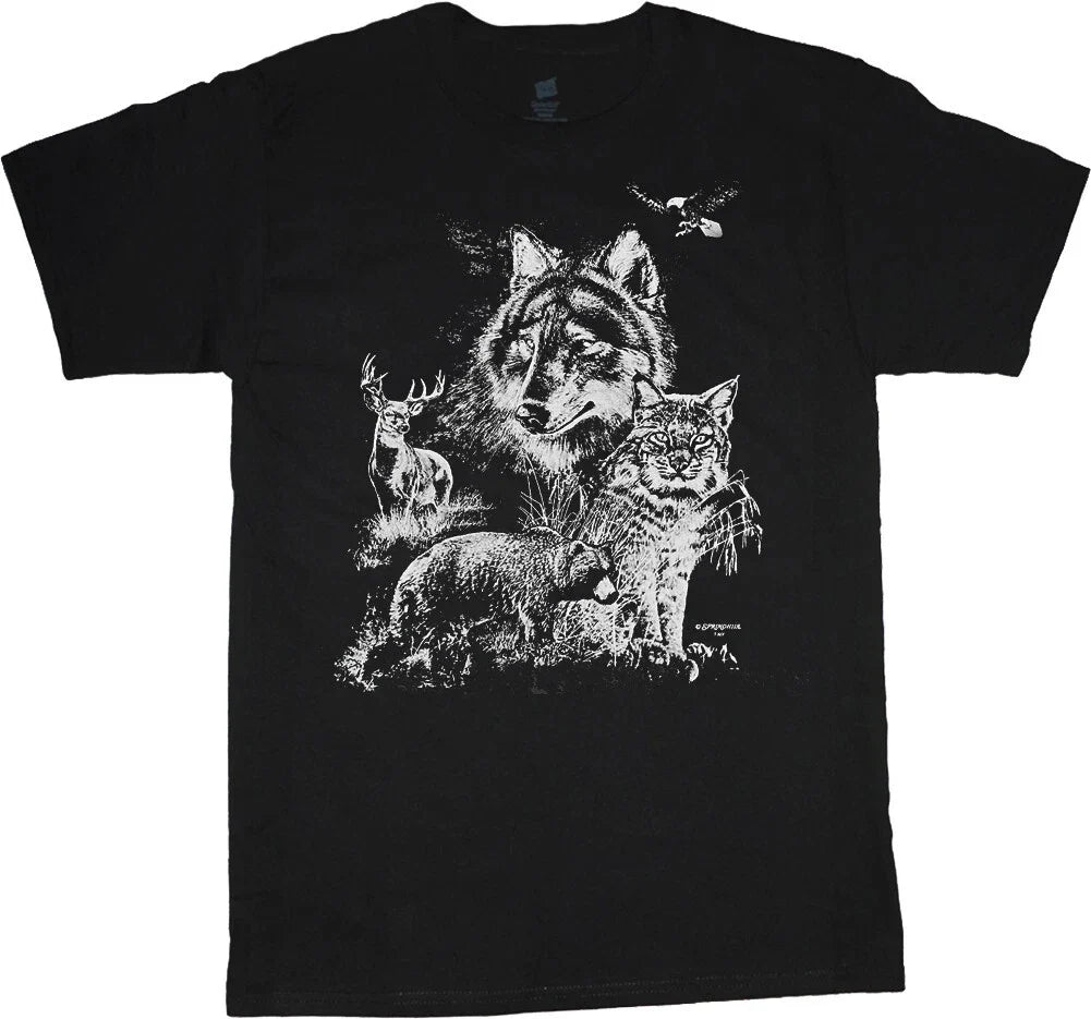 Mountain Wildlife Scene Bear Eagle Deer Bobcat Mens - Adult & Kids T-Shirts, Sweatshirts & Hoodies apparel design preview 1