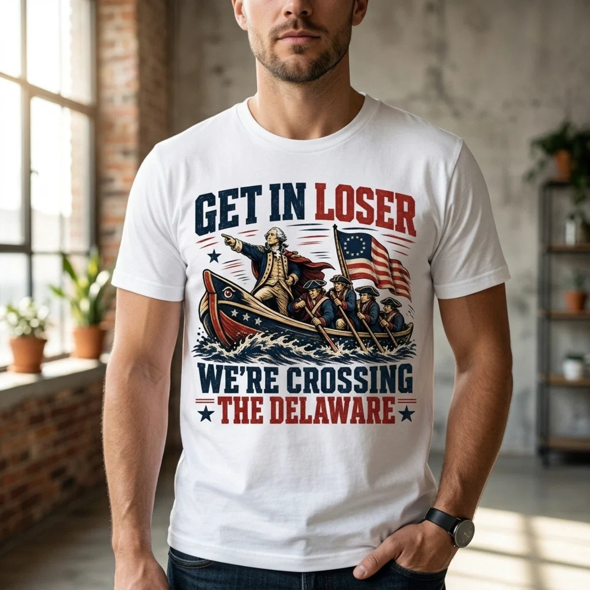Get In Loser We're Crossing The Delaware Funny George - Adult & Kids T-Shirts, Sweatshirts & Hoodies apparel design preview 1