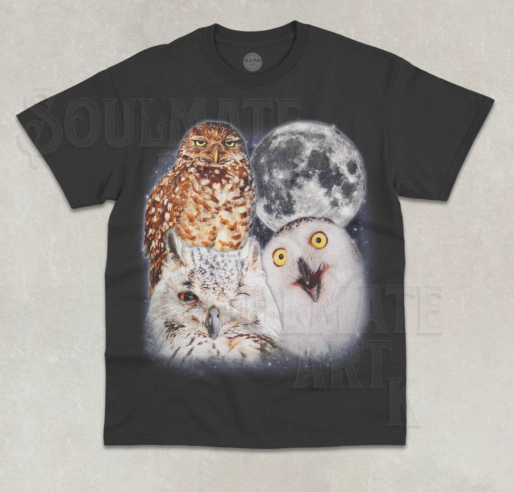 Three Owls Moon Funny Owl Animal Lover Cute Meme - Adult & Kids T-Shirts, Sweatshirts & Hoodies apparel design preview 1